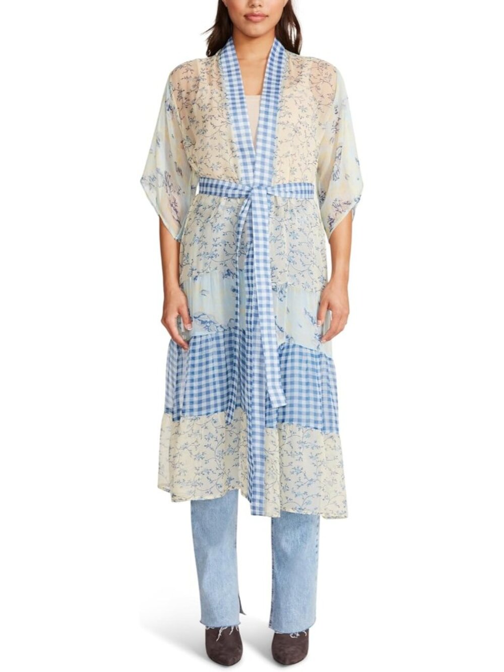 Steve Madden Women's Blue Multi Imported Poly Chiffon Tiered Floral Belt Kimono